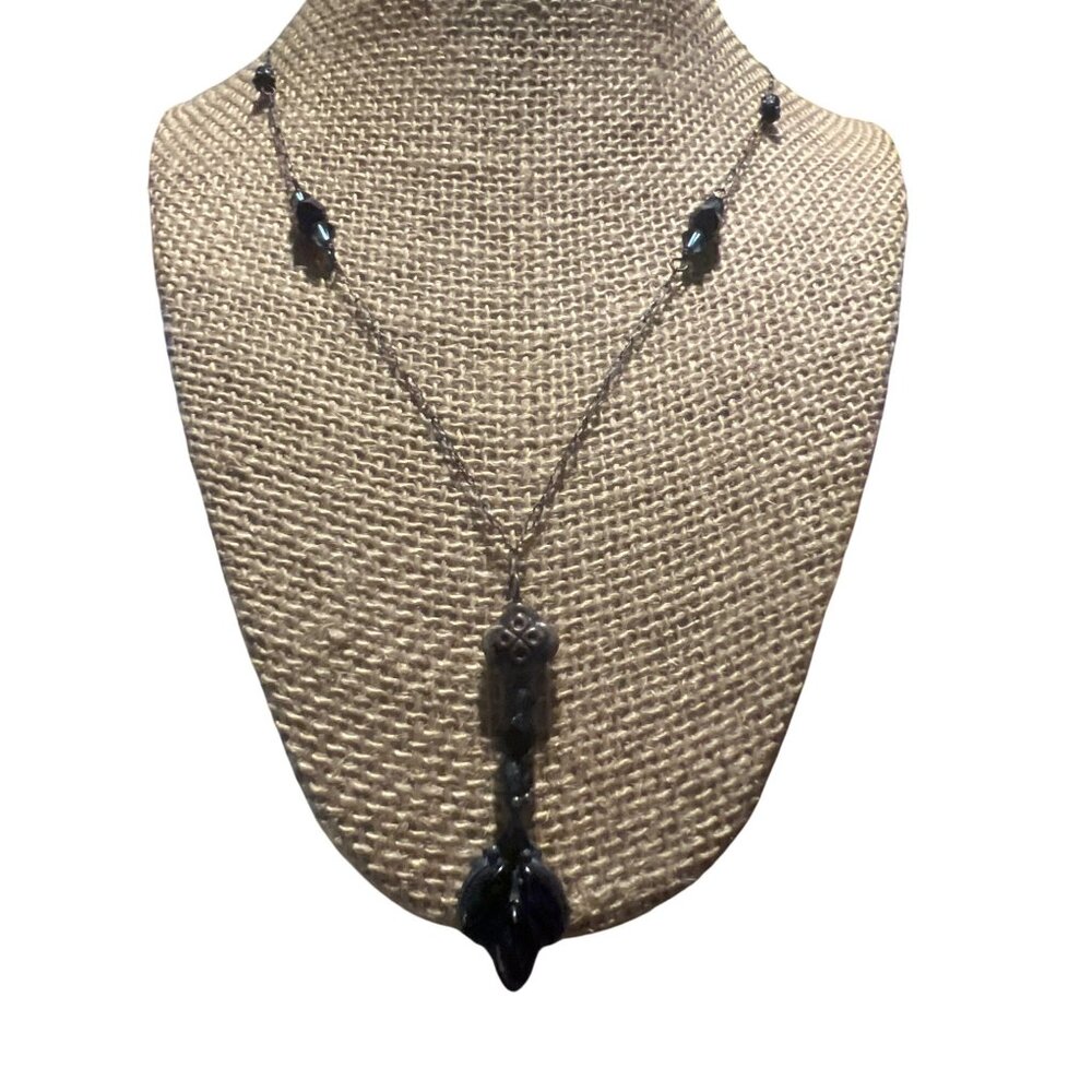 Vintage Sterling Silver Y Necklace Black Onyx Glass Beads Estate Adj 20-23"